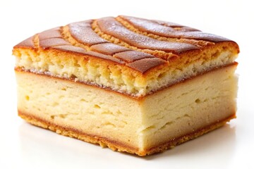 A close-up of a Japanese cheesecake with a golden crust. The texture is soft and fluffy, with a hint of sweetness. The cheesecake is a perfect dessert for any occasion.