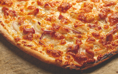 tart flambe, open pie, rectangular pizza, with cheese and red onion, bacon slices, Alsatian dish, homemade, no people,