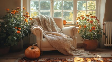 cozy autumnal living room with rustic charm warm orange pumpkins and fall flowers adorning vintage furniture golden afternoon light streaming through windows