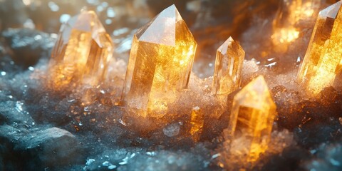 Close-up of Golden Quartz Crystals Glowing in a Dark Cave