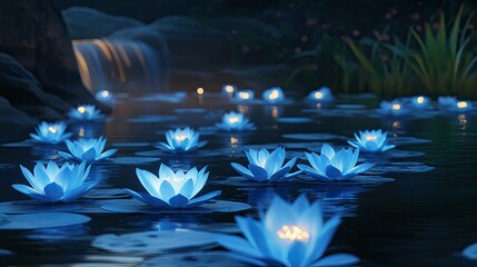 Fototapeta premium A tranquil nighttime view of glowing blue lotus flowers floating on serene water, casting a mystical glow.