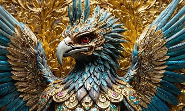 A majestic garuda, a mythical creature resembling a bird of prey with the head and wings of an eagle and the body of a human, is depicted in exquisite detail.