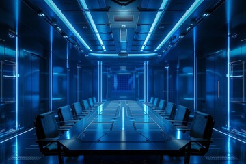 conference room with large table and chairs, high tech boardroom with large table and high backed chairs