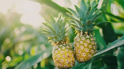 Obraz premium Close-up two pineapple fruits in pineapple farming
