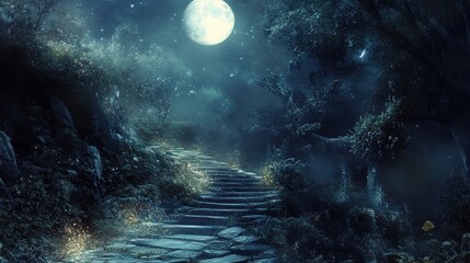 Obraz premium A surreal, moonlit pathway with glowing, ethereal elements and soft, ambient lighting, creating a magical atmosphere.