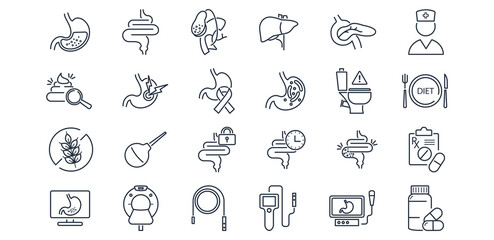 Fototapeta premium Gastroenterology line icon set. Liver, gallbladder, pancreas, gluten free diet, diarrhea, feces, ct, digestion, ultrasound, ulcer, duodenum, bile vector illustration. Editable Strokes