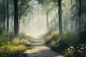 Obraz premium Misty forest path with tall trees and soft sunlight filtering through, serene and enchanting