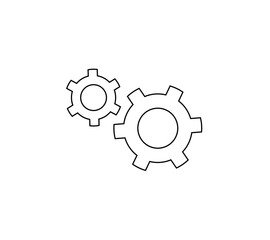 Two gears interconnected symbolizing settings, teamwork, or mechanical processes. Ideal for concepts like configuration, process optimization, or collaboration. Simple vector design in black.