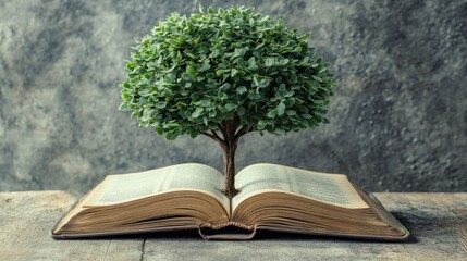 An open book gives rise to a flourishing green tree, representing the growth of ideas and learning.