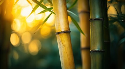 Obraz premium Bamboo stalks captured in close-up, softly illuminated by sunlight, revealing their natural green and golden hues.