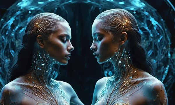 Gemini horror vibes depicted in a mesmerizing painting with intricate details and striking colors, exuding eerie elegance.