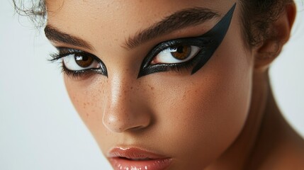 Fototapeta premium Beauty portrait of a model with striking bold graphic eyeliner, highlighting artistic makeup and strong visual impact.
