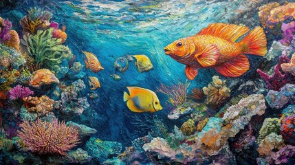 Fototapeta premium Brightly colored fish navigating through intricate coral formations in a vivid underwater world.