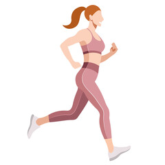vector realistic image of a slim girl in a sports uniform (leggings and a sports bra) is engaged in fitness, sports, trains isolated on a white background. the woman is running. morning run. jogging.