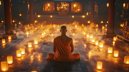 Serene Monk Ceremony: A Spiritual Poster for Tranquil Spaces, Capturing Peaceful Atmosphere with Flickering Candles, Incense Smoke, and Soft Lantern Light