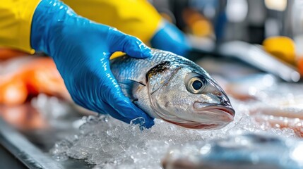 A person is holding a fish in their gloved hand