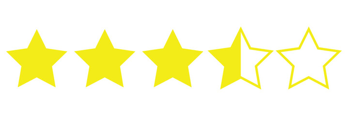 Product rating or customer review with gold stars and half star, 3.5rating stars on white background.
