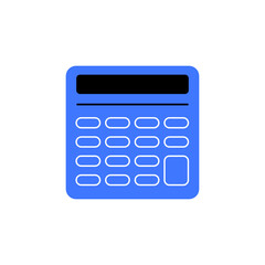 A flat design icon of a calculator is shown in blue with black accents. The calculator represents tools for financial calculations, budgeting, or number crunching.