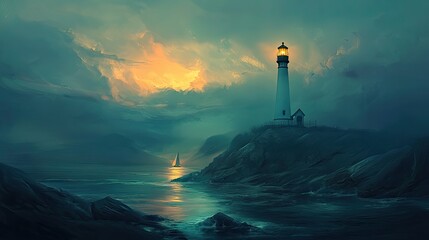 Fototapeta premium Coastal lighthouse guiding ships, its light a beacon of safety in the twilight.