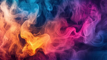 Colorful smoke swirls in an artistic pattern, producing a vibrant, dynamic visual with rich, flowing hues.