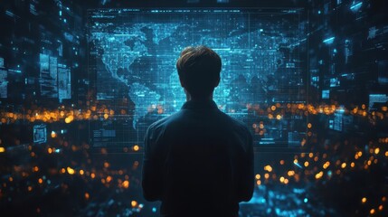 data visualization concept businessman analysing holographic charts and graphs futuristic office setting cool blue tones with glowing elements