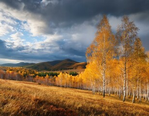 Fototapeta premium Vibrant Autumnal Landscape with Birch Trees and Distant Hills under Dramatic Sky