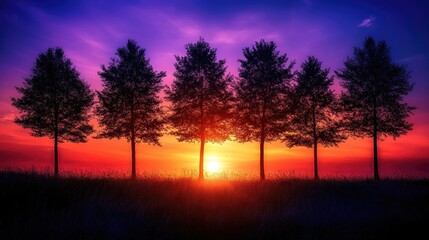 Dark silhouettes of trees outlined by a vibrant sunset, casting a serene and peaceful glow over the landscape.