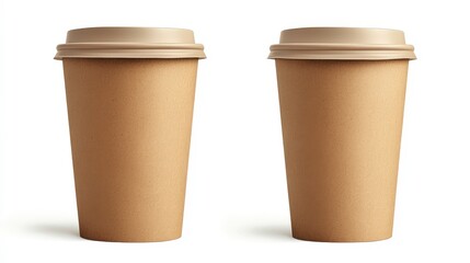Two brown paper cups with beige lids on a white background.