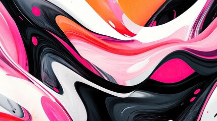 Dynamic abstract design with fluid pink, black, and white shapes, radiating vibrant energy and movement.