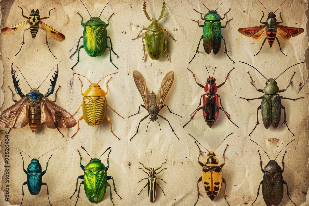 Poster Macro shot of various colorful insects on a piece of paper, great for educational or scientific purposes