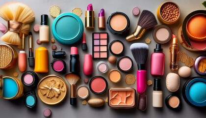 Vibrant Flat Lay of Colorful Beauty Products and Accessories Arranged on Textured Background