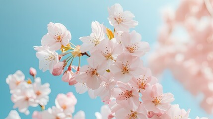 Fototapeta premium Gentle pink cherry blossoms with delicate petals, standing out against a tranquil blue sky.