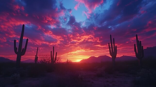 A sunset over a desert with a few cacti in the foreground. The sky is a mix of pink and orange hues, creating a warm and serene atmosphere - Powered by Adobe