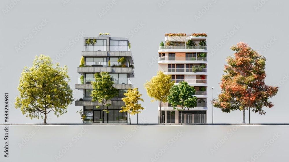 Poster photography of city buildings with green trees in front, suitable for use in urban landscape or arch