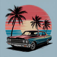 car with sunset and retro-style palm vector t shirt design 