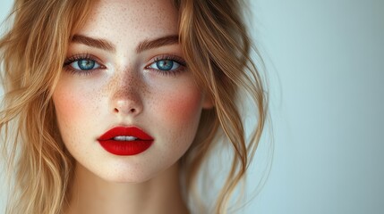 Fototapeta premium Close-Up Portrait of Stylish Young Woman with Red Lips and Wavy Hair - Beautiful Girl in Bright Makeup Looking at the Camera Against Gray Background