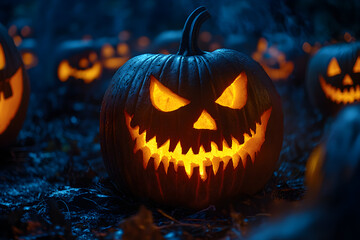 Naklejka premium Spooky Jack-o'-lanterns illuminating a dark night, eerie expressions carved into their orange skin, casting flickering shadows and creating an atmosphere of Halloween fright.