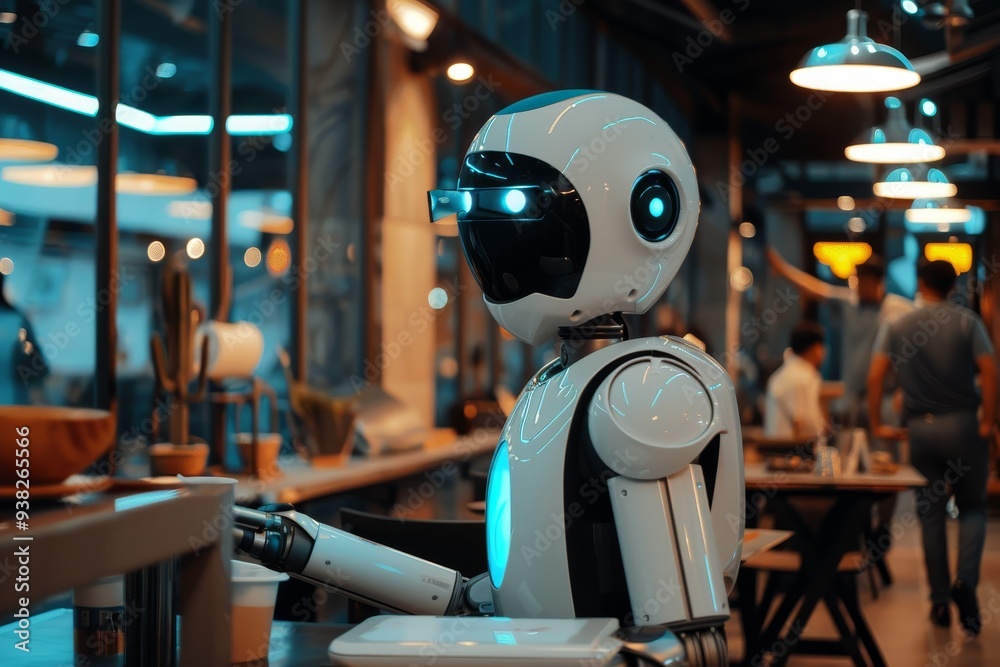Fototapete robot sitting at table in restaurant, robotic ai assistant helping an employee with daily tasks