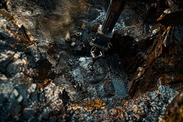bulldozer is digging through pile of rocks, robot drilling into rich vein of ore