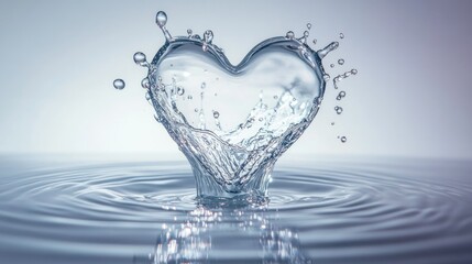 Heart-shaped water drop splashing on a white surface, with soft ripples spreading outwards.