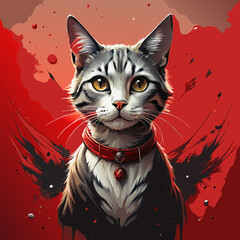 Fierce Tabby Cat with Intense Gaze Representing Power Against Dramatic Red Background