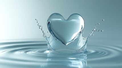 Heart-shaped water drop splashing on a white surface, with soft ripples spreading outwards.