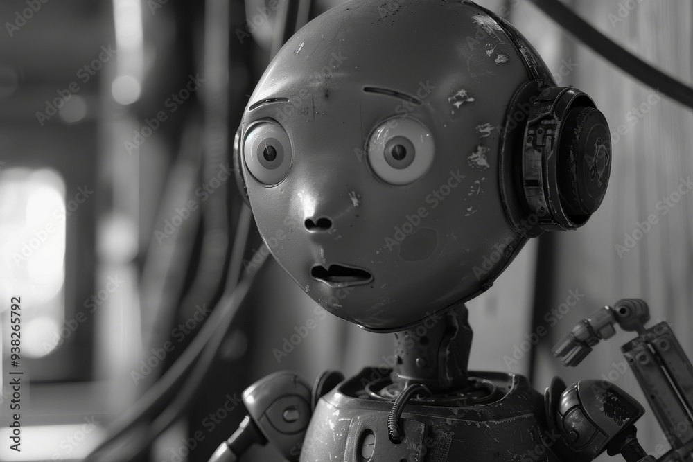 Poster woman looking at robot head on camera, robot learns the value of empathy in human interactions