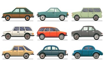 A set of six different colored cars on a white background, perfect for advertising or graphic design