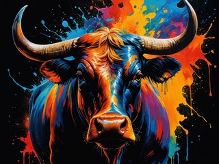 Colorful bull head portrait with dynamic splashes of paint in a vibrant artistic style