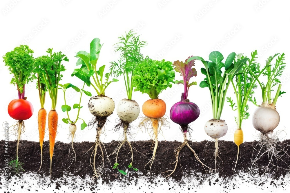 Poster freshly picked vegetables including carrots and radishes in a colorful display