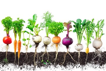 Freshly picked vegetables including carrots and radishes in a colorful display