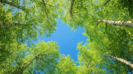 Fototapeta premium Lush green leaves extend upward to meet a clear blue sky, with slender tree trunks adding depth to the scene.