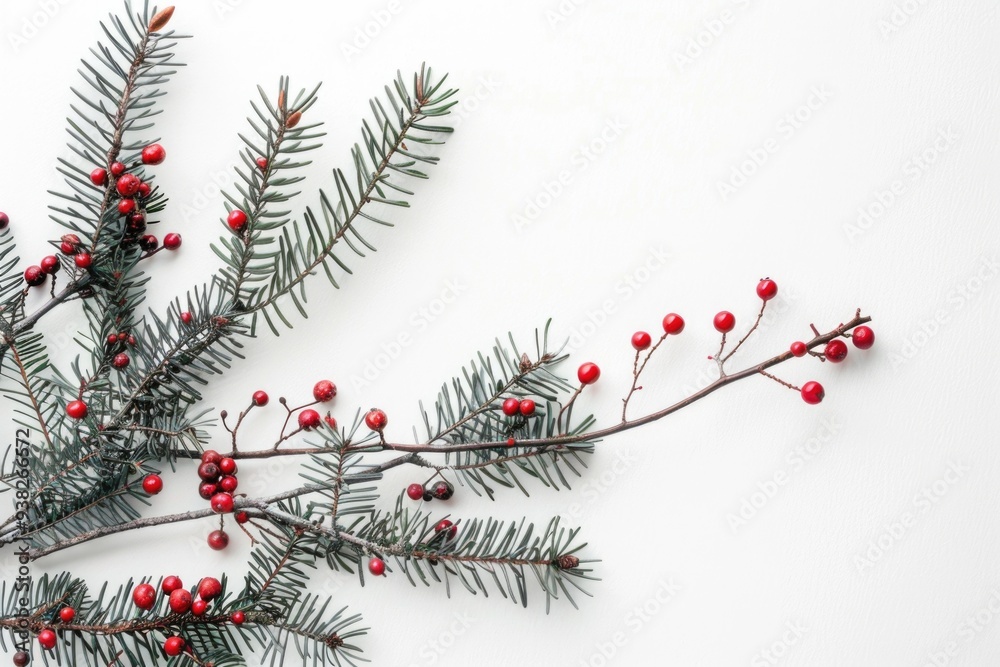 Poster A simple and elegant image of a pine branch adorned with vibrant red berries against a clean white background