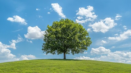 Obraz premium Lush green tree standing tall on a hill, under a clear blue sky dotted with fluffy clouds.